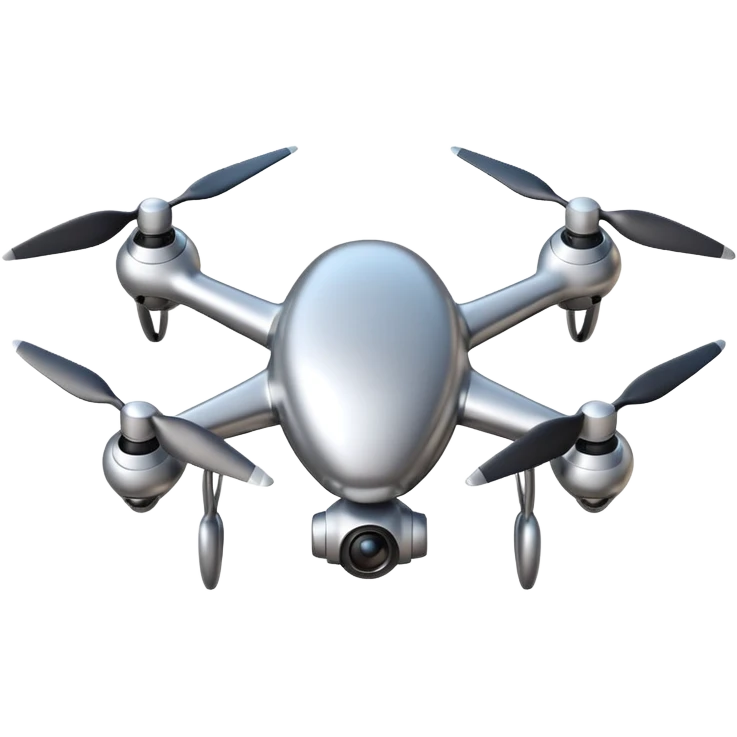 A futuristic drone emoji made of polished silver chrome, smooth rounded body, minimal propellers, reflective metallic surface, soft studio lighting, iOS emoji style, centered, clean white background emoji