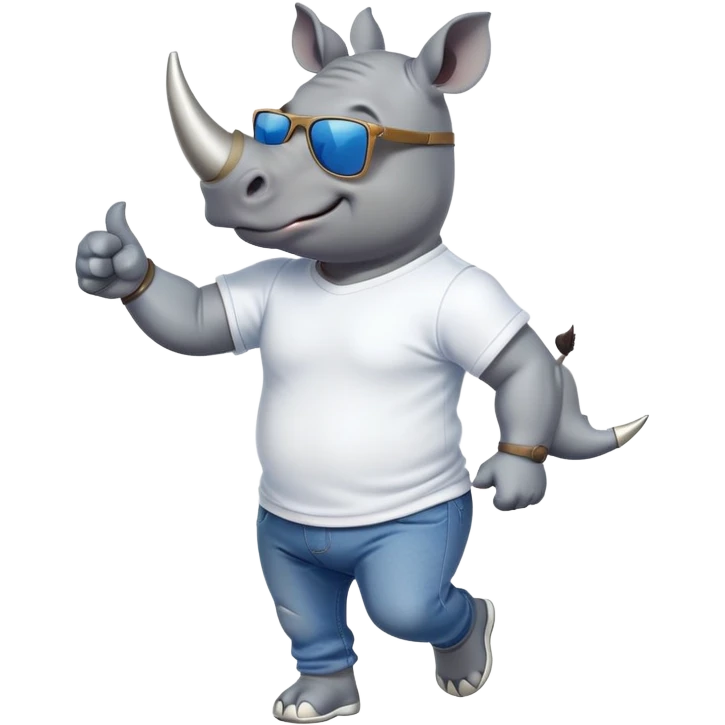 friendly anthropomorphised rhino in jeans and t-shirt, wearing dark sunglasses, jogging upright, standard pose emoji
