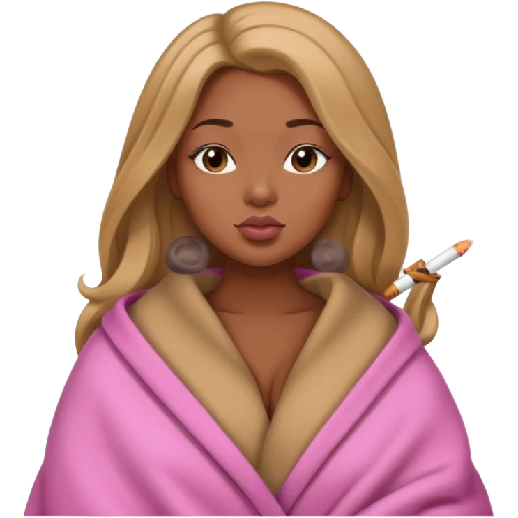 Curvy, light brown long hair, pretty black girl light pink lipgloss smoking wrapped in blanket emoji