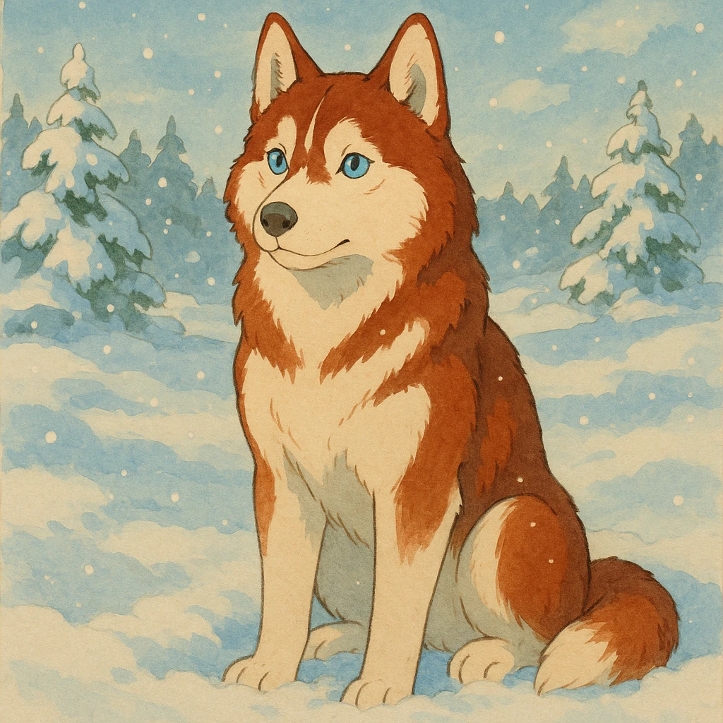 red siberian husky with blue eyes sitting in the snow emoji