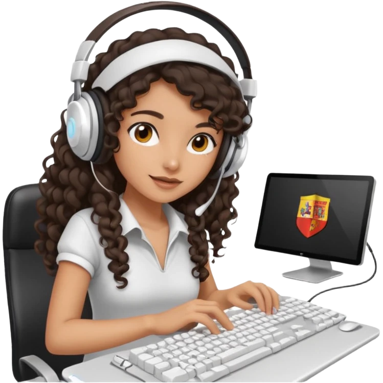 Spanish girl with long dark curly hair, wearing a white gaming headset and playing on keyboard with a gaming mouse in one hand emoji