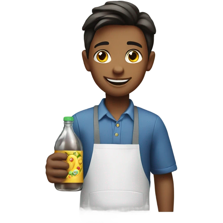 smiling boy in apron holding bottle emoji