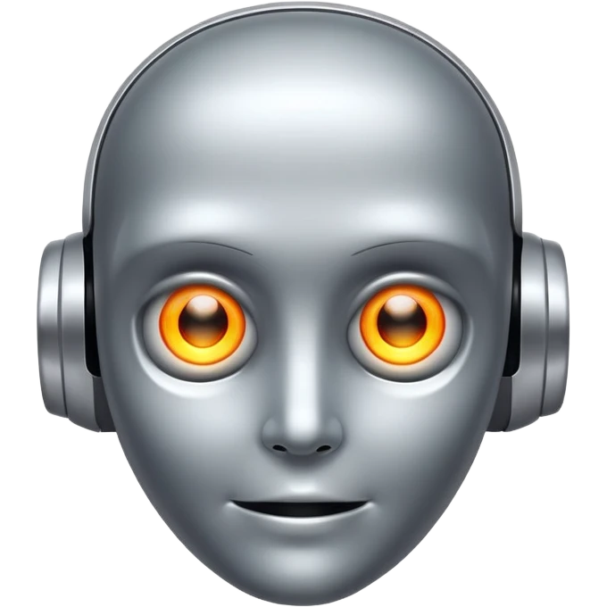 friendly AI face with glowing eyes, metallic texture, slight smile, futuristic and a little spooky emoji