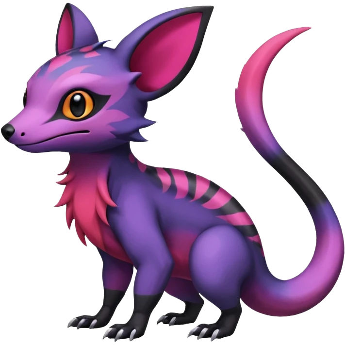 Rare epic aesthetic colorful Salandit-Noibat-Eevee-Civet-species-Fakemon-hybrid-creature, with markings, full body emoji