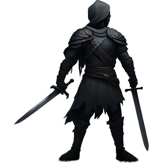 Dark, moody artwork of a lone warrior with a large sword on his back, standing in a shadowy, mysterious setting. emoji