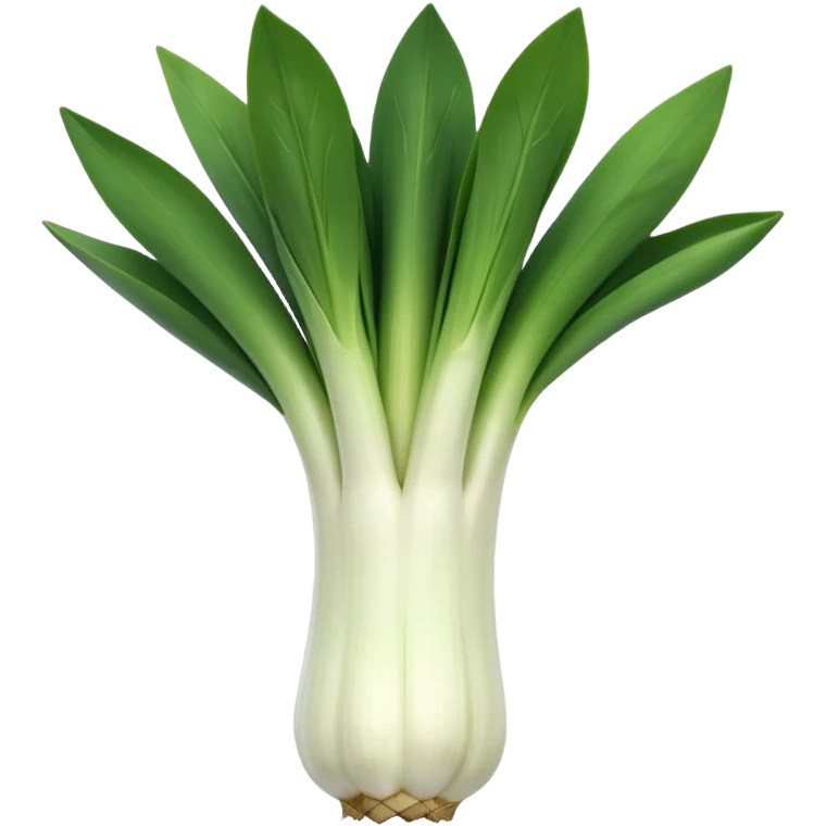 fresh whole leek, thick white base, pale to dark green leaves, open and tidy, layered and curved, fine roots, moist and crisp, 3D-rendered, minimal, no faces, transparent background emoji
