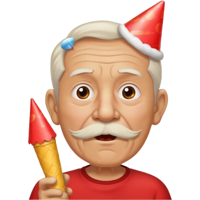 old man with red shirt and birthday cone, party horn on his mouth emoji