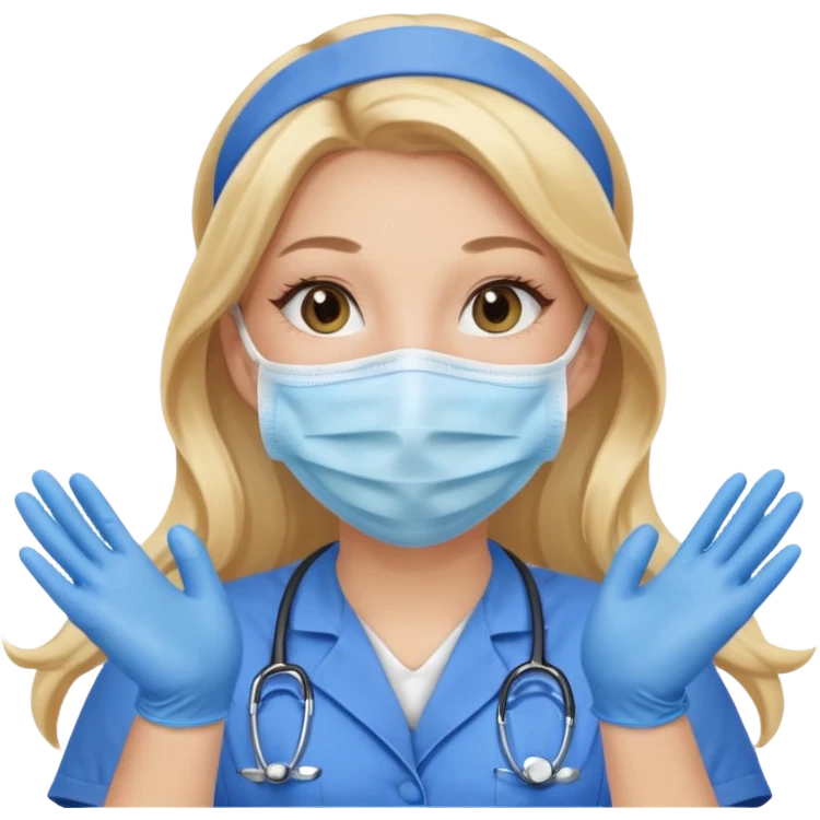 enfermera rubia con pelo largo, con mascarilla y guantes azules que aperezcan las dos manos, como las primeras imagenes que enviaste emoji