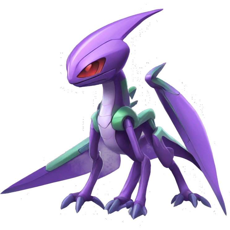 a shiny purple Genesect-Flygon-Raptor-Fakémon—hybrid with a futuristic visor-helmet full body emoji