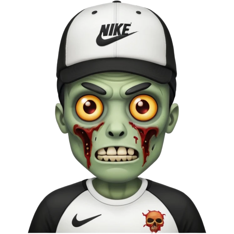 A zombie wearing a white Nike shirt, a black Nike cap, emoji