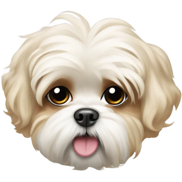 A cream colored maltese shitzoo dog, curly hair and stubby legs. mostly white with tan spots emoji