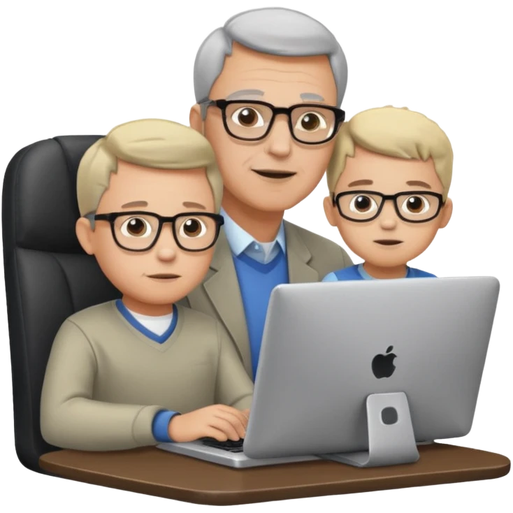 Middle aged man with glasses working at his desk, with his child sitting behind him on the head rest of his chair looking at his computer emoji
