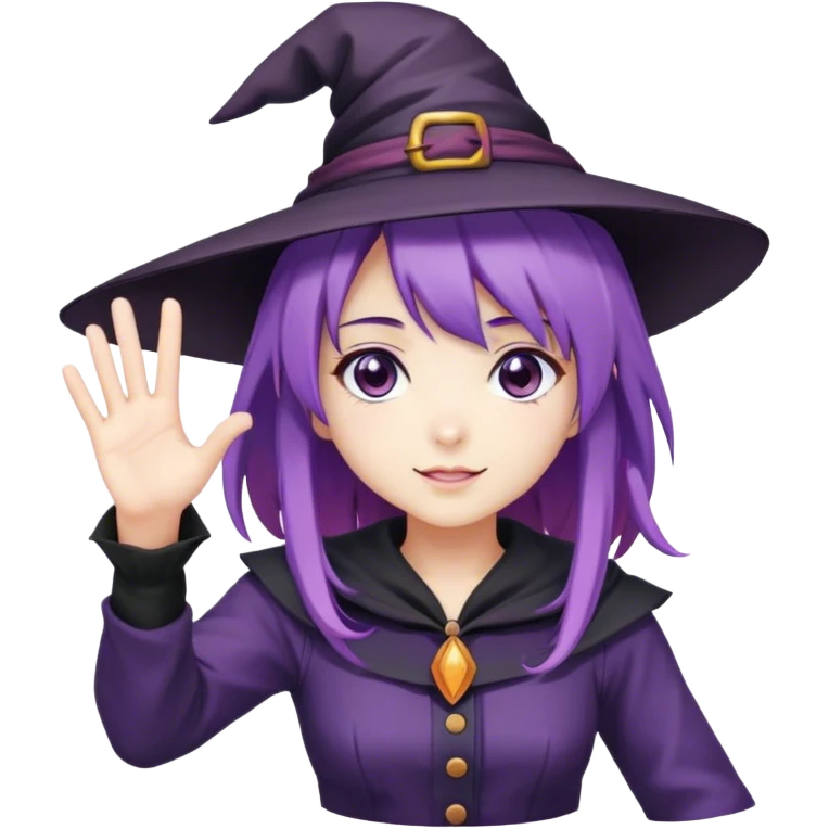 anime girl with purple hair in witch hat waving hand emoji