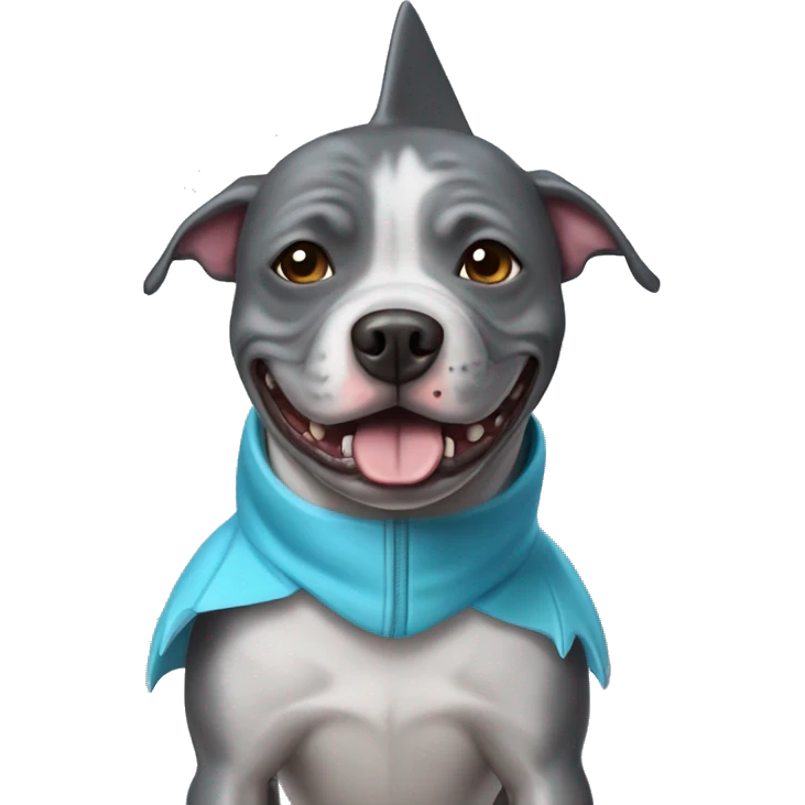 Grey staffy terrier wearing shark costume emoji