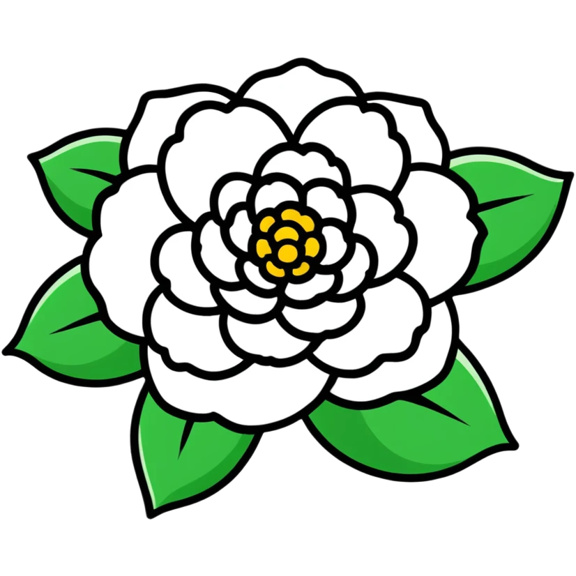 Elegant white camellia flower with symmetrical petals and rich green foliage emoji