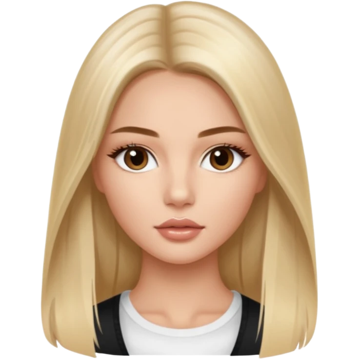 victoria’s secret model with long light blonde straight balayage hair, small dark brown almond eyes, oval face, small lips emoji