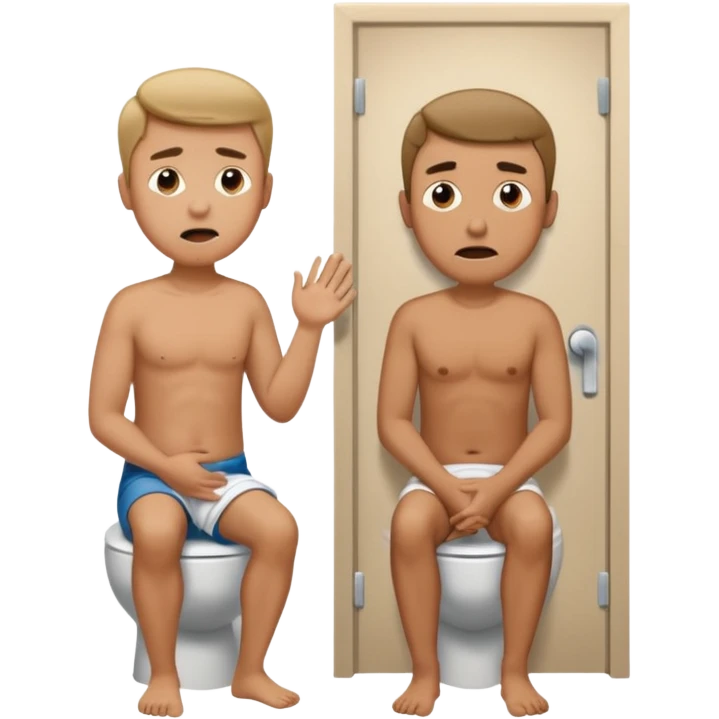 Man using the toilet while the other man is banging on the door begging holding it emoji