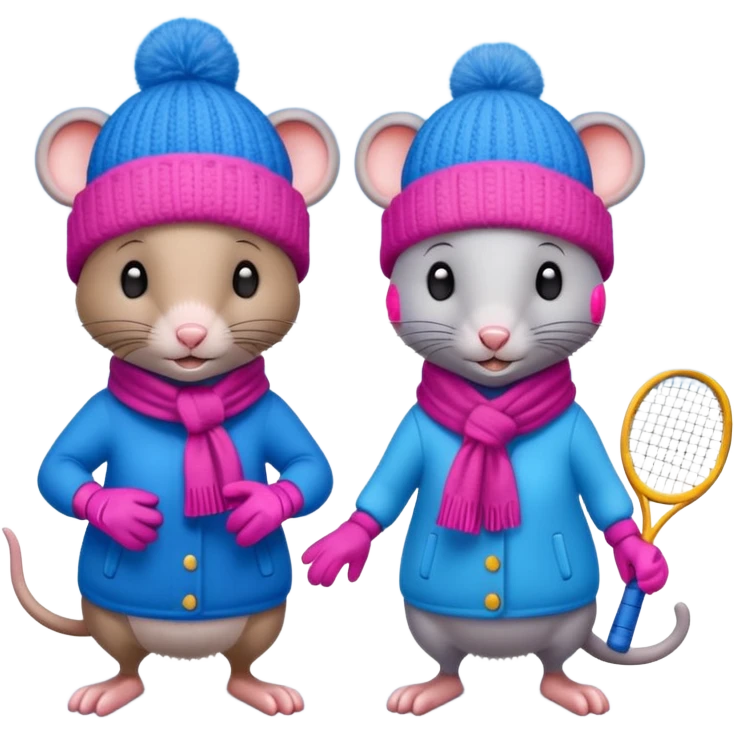Male and female rat playing tennis in winter with gloves hats and scarves but one wearing blue the other wearing pink and it is snowing and they are wearing woolly hats emoji