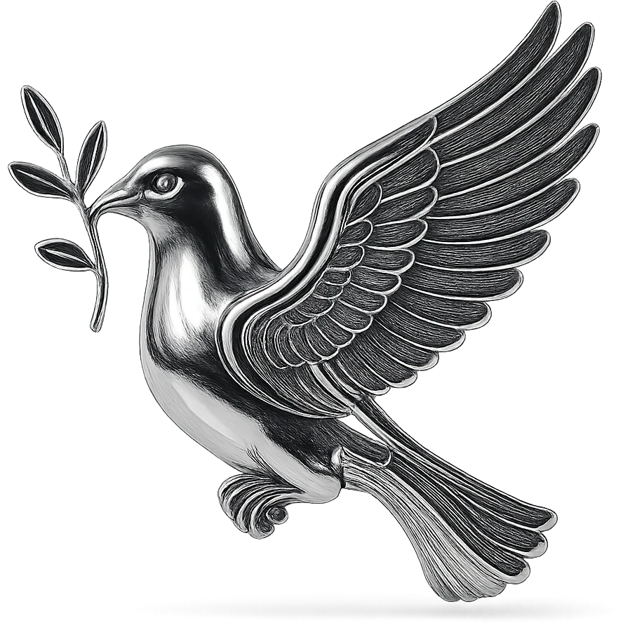 metallic chrome pigeon, peaceful, flying in profile with a branch in its beak, radiant and polished emoji