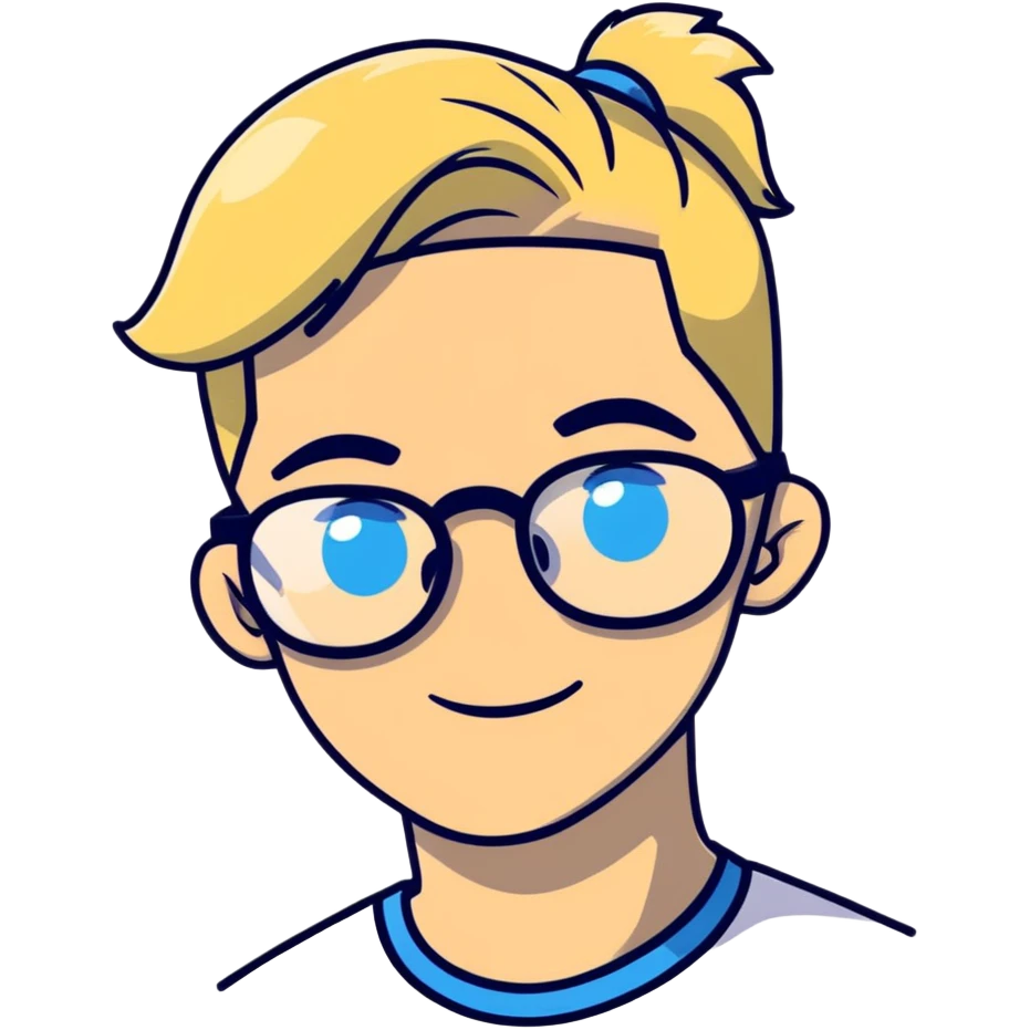 Man with blonde ponytail, round glasses and blue eye emoji