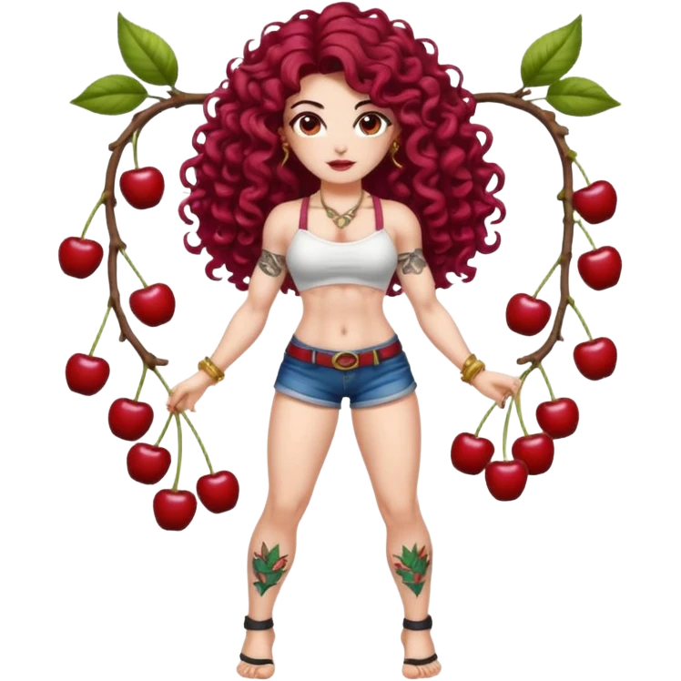 full body woman long curly brown hair brown eyes white skin tattoos muscular build cherry twin fruit hair ornaments, flirty battle pose emoji