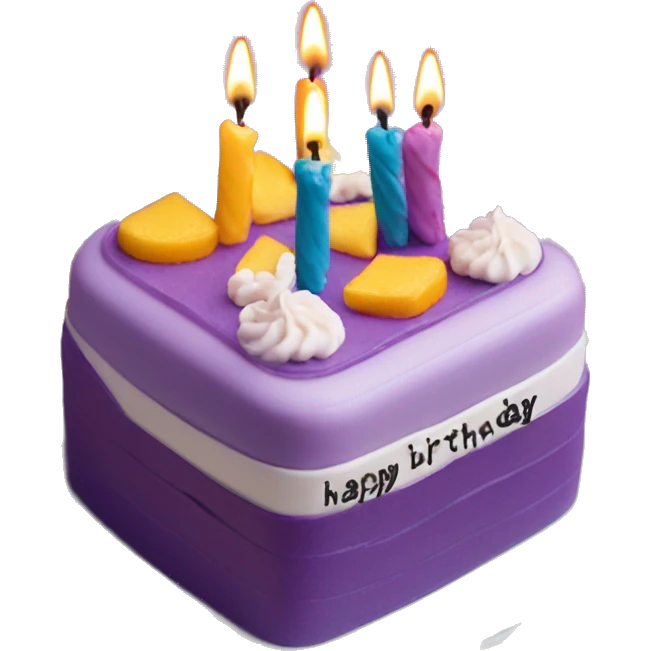 Purple Colored bento birthday with frosting and written on the cake "happy birthday" in flowy letters emoji