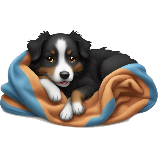 Small black australian shepherd dog sleeping with blanket  emoji