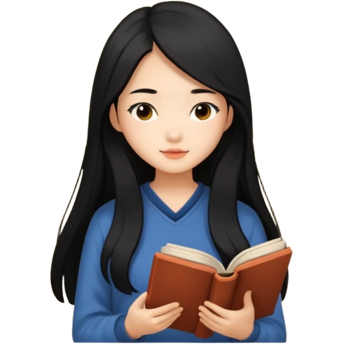 Beautiful Asian girl with long black hair reading book cozy aesthetic emoji
