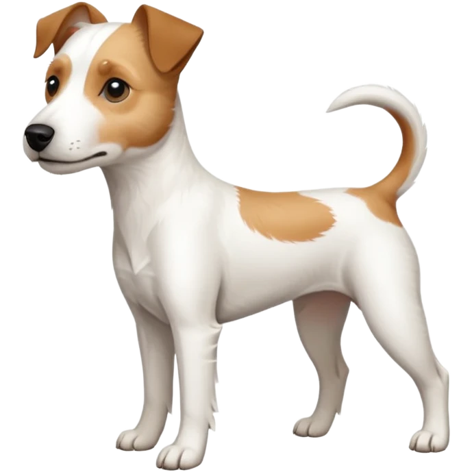 a full body white parson russell looking dog the size of a kelpie with light brown ears and a light brown patch on one eye and a large snout emoji