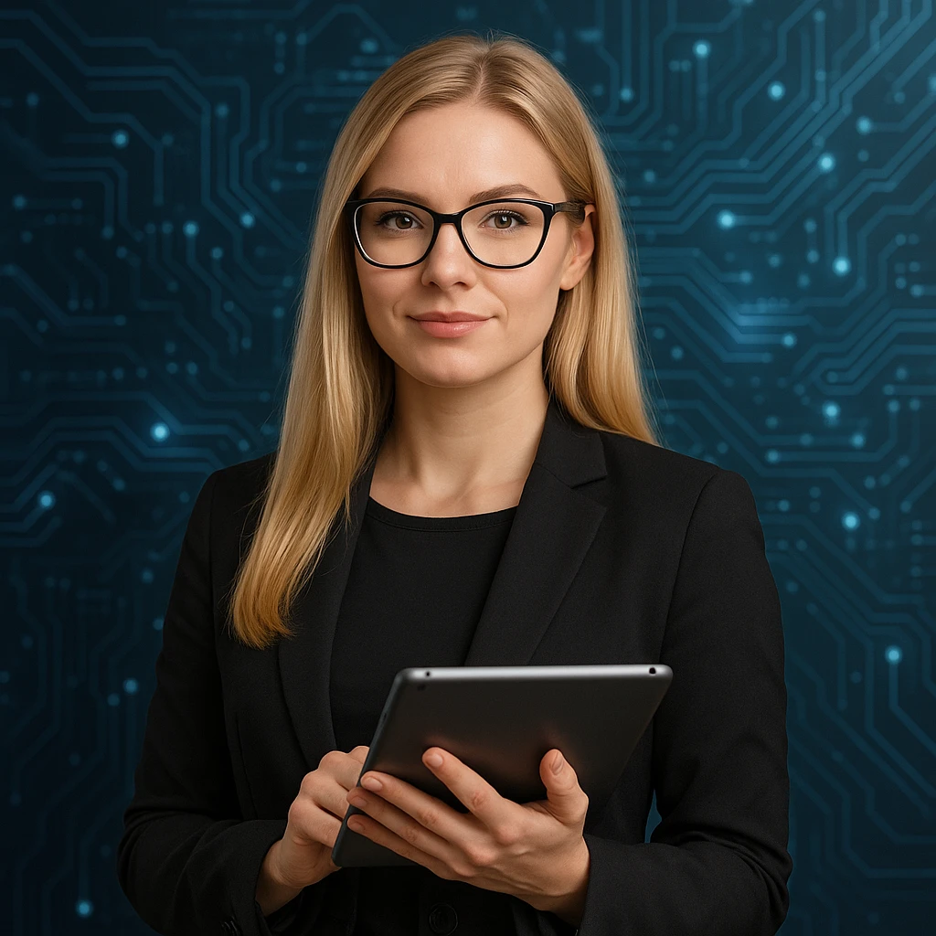 blonde girl in glasses, holding a tablet, IT professional, confident, tech background emoji
