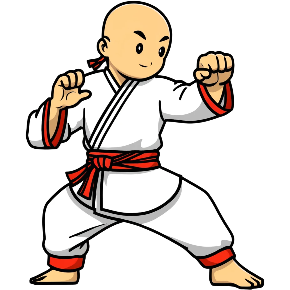 Martial artist in dynamic kung fu pose, wearing traditional loose outfit with sash emoji