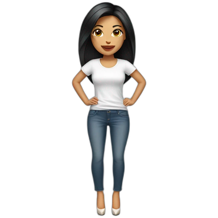 Brazilian Woman with small lips black eyes black straight middle size hair dressing jeans with white Tshirt in high heels emoji