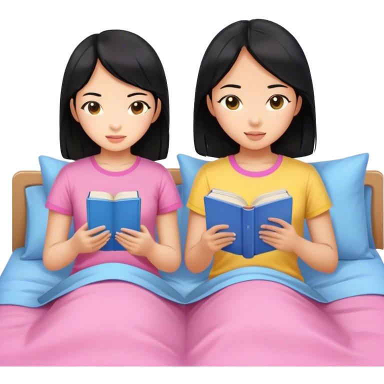 two asian girls black hair on the bed pink and yellow top reading blue books emoji