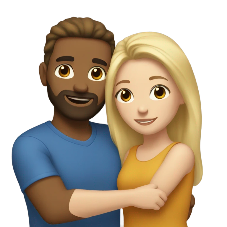 Blonde woman with brown eyes and a bearded man with blue eyes and light brown hair hugging. emoji