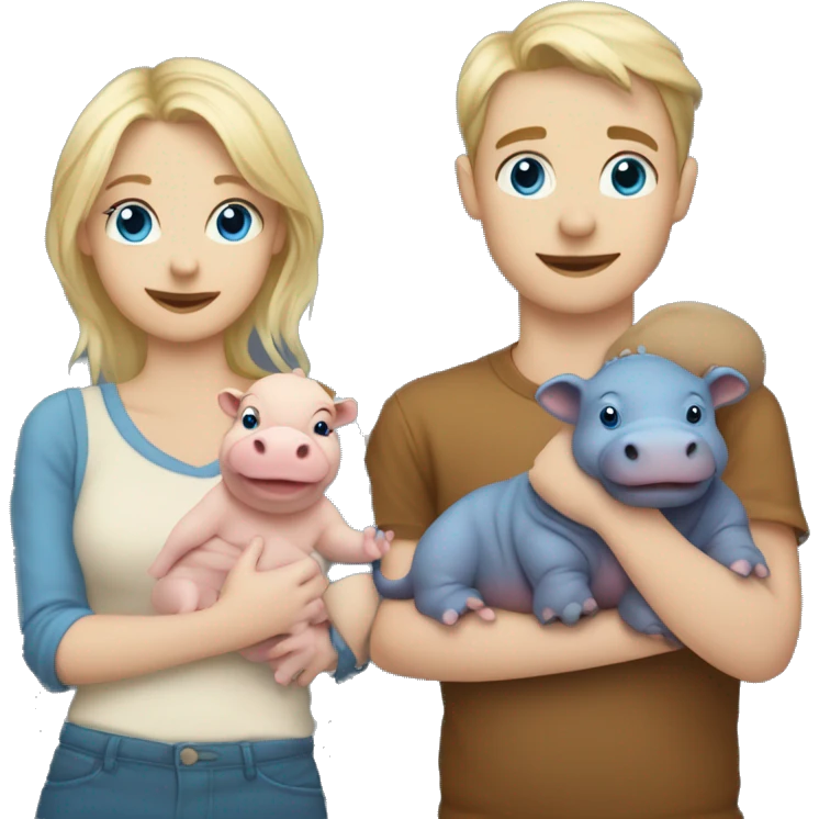 blonde girl with blue eyes holding tea in one hand and holding hands with brunette boy with blue eyes holding a baby hippo in his other arm emoji