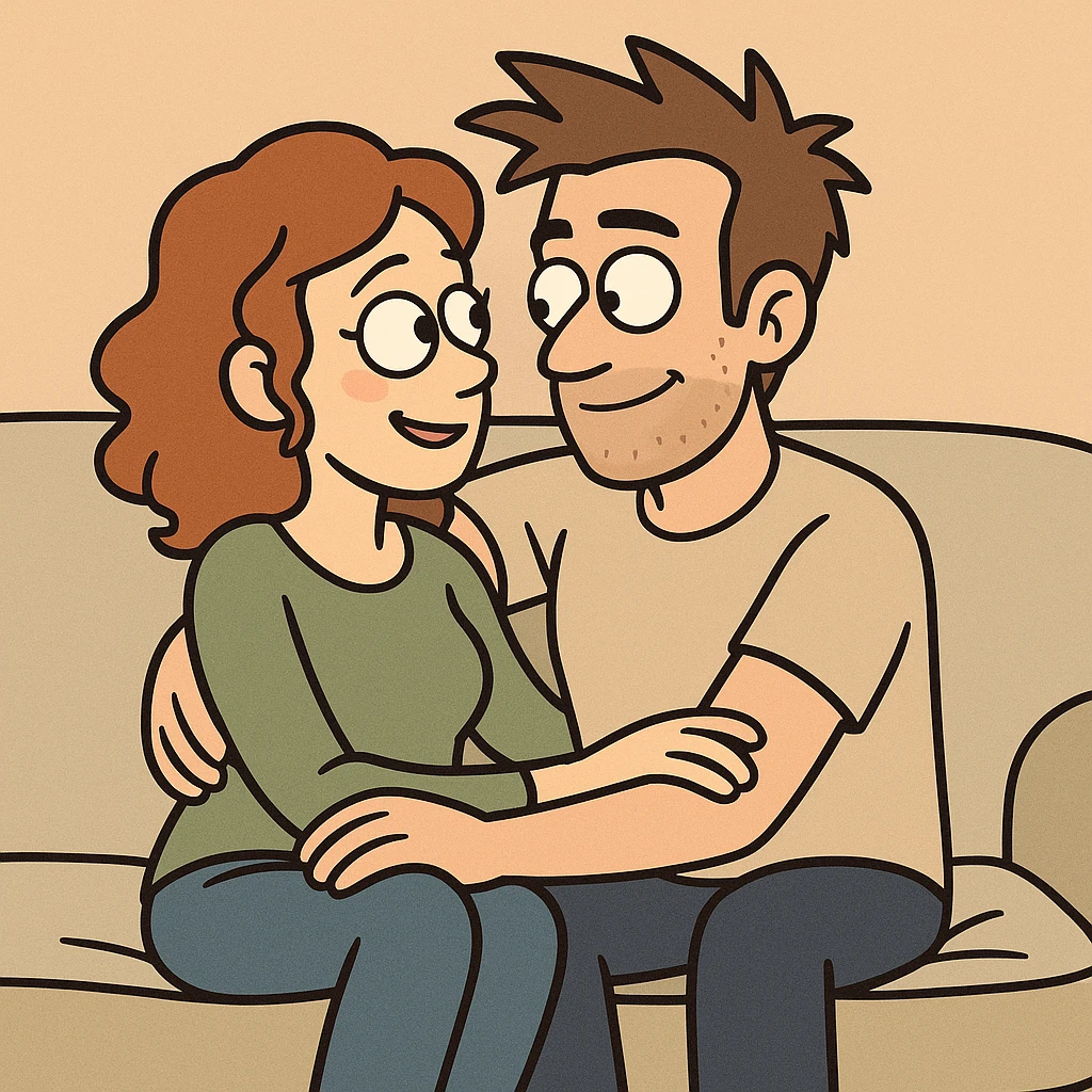 cartoon style illustration of a couple sitting close together, looking into each other's eyes, affectionate and cozy emoji