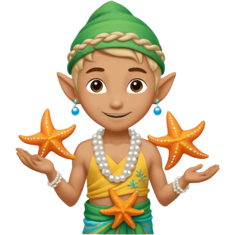 elf male Sarong with bioluminescent embroidery, armful of starfish, hair in a braid with pearl pins. emoji
