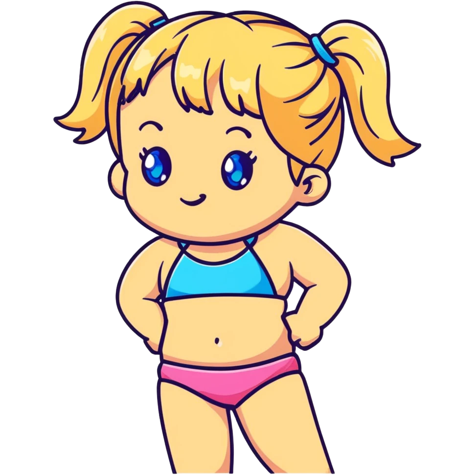 Cartoon blonde girl with pigtails, blue eyes, wearing a bikini, at the beach emoji