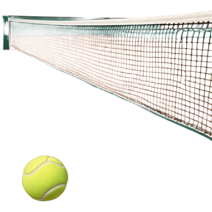 A tennis court at the Roland Garros tournament, with the iconic clay surface and a tennis ball bouncing near the net. The scene evokes the energy and excitement of the grand event, with vibrant crowds in the stands and a competitive atmosphere. emoji