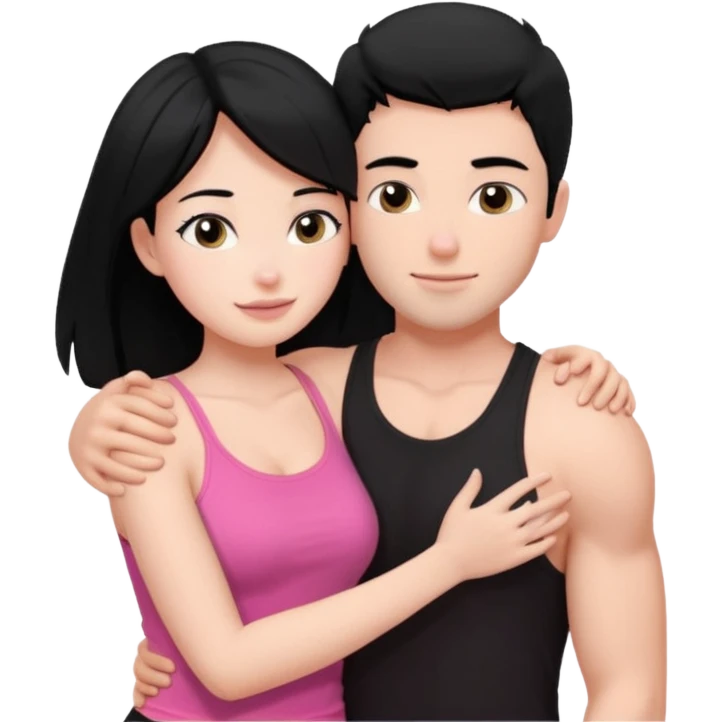a pretty bratz fair girl. black hair, wearing a pink cami top, she is hugging a handsome fair guy with black hair. lean but muscular.the boy is wearing a black tshirt emoji