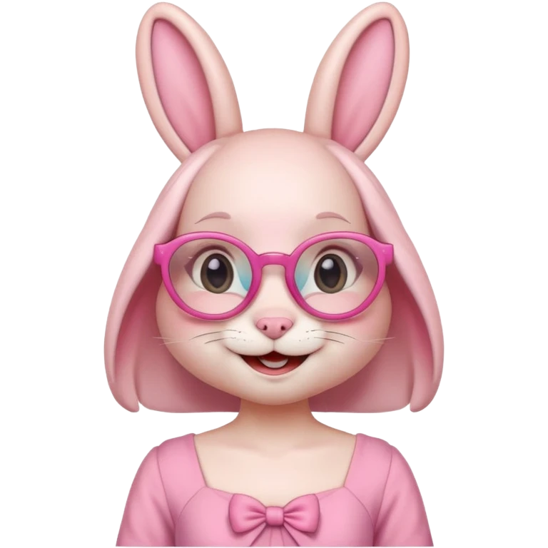 Pink bunny with big circular glasses, smiling, half body with dress emoji