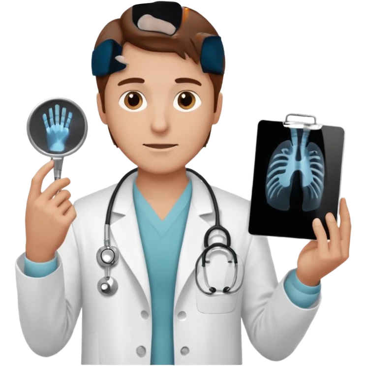 Radiografía de mano sostenida por un hombre con bata blanca  piel clara cabello café emoji
