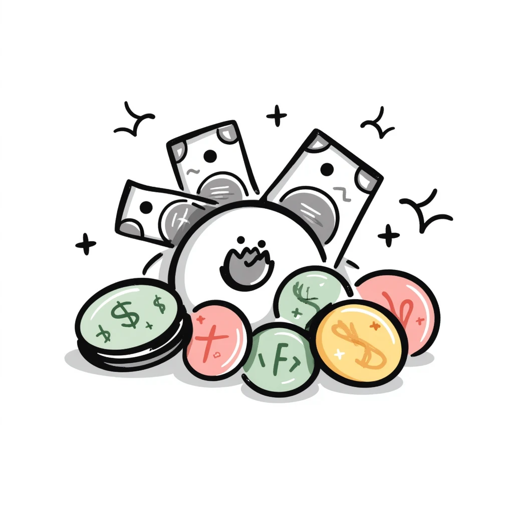 Money, cash, bills and coins in pastel colors (dd9fb0, ffc6d3, a3bfc9, c4bee2, f1b091), hand-drawn doodle style emoji