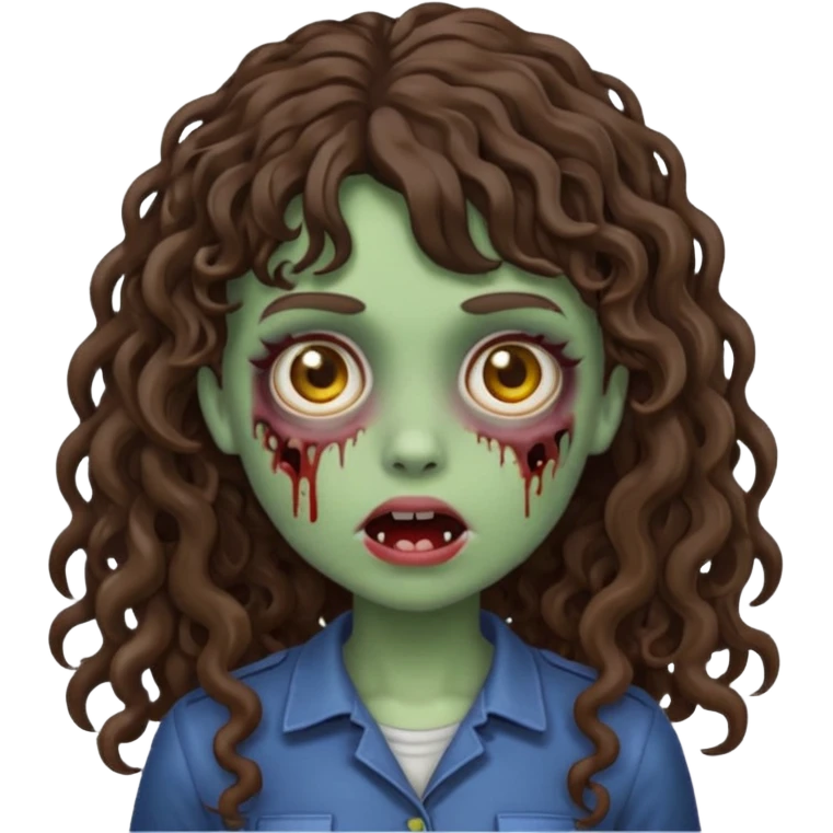 Emoji garota zombie com cabelo castanho escuro cacheado longo com franja cacheada sem volume emoji
