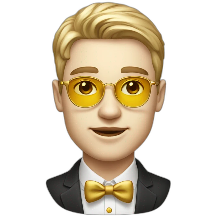 19 years old boy like a gentleman white skin tone. With golden optic glasses. Wearing old money style emoji