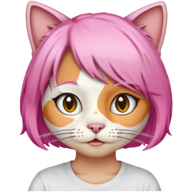 calico cat wear pink hair wig, white T-shirt emoji