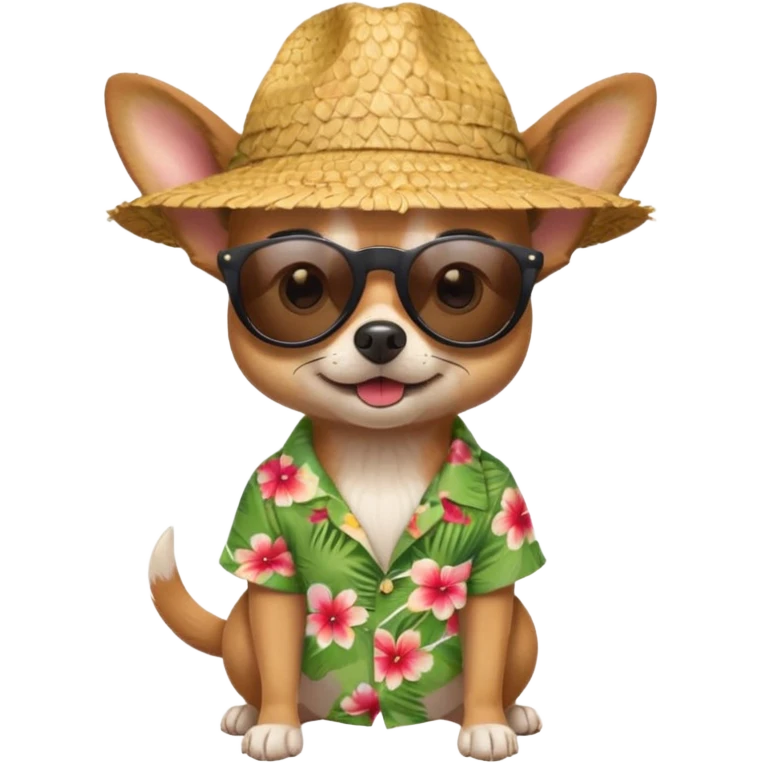 Chihuahua with sunglasses and straw hat, hawaii shirt emoji