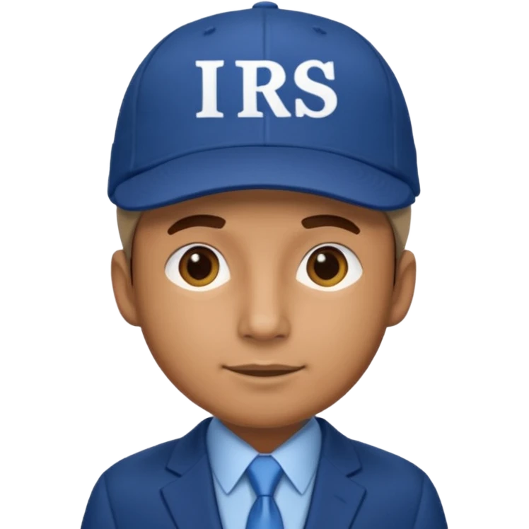 a man dressed in a blue suit with a cap on that says IRS emoji