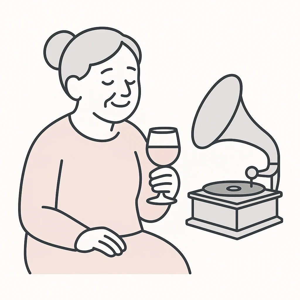 old lady with wineglass listening to gramophone emoji
