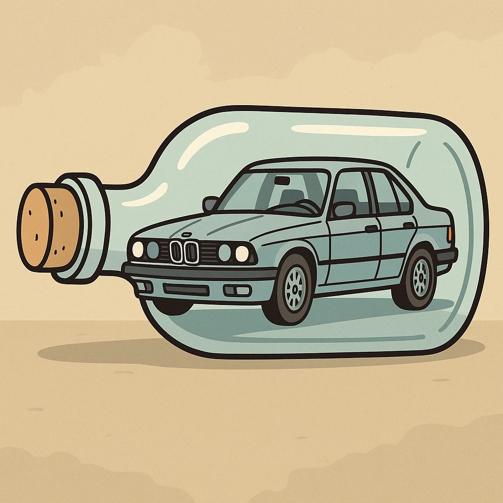 a BMW car inside a glass bottle, cartoon style emoji